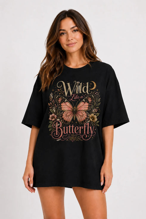 Wild Like A Butterfly Oversized T-Shirt for Women in Black oversized fit on women model