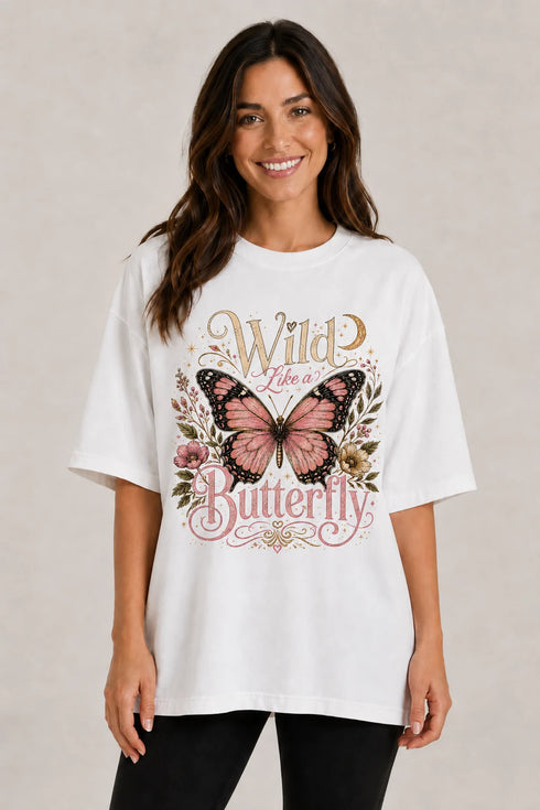 Wild Like A Butterfly Oversized T-Shirt for Women in White oversized fit on women model