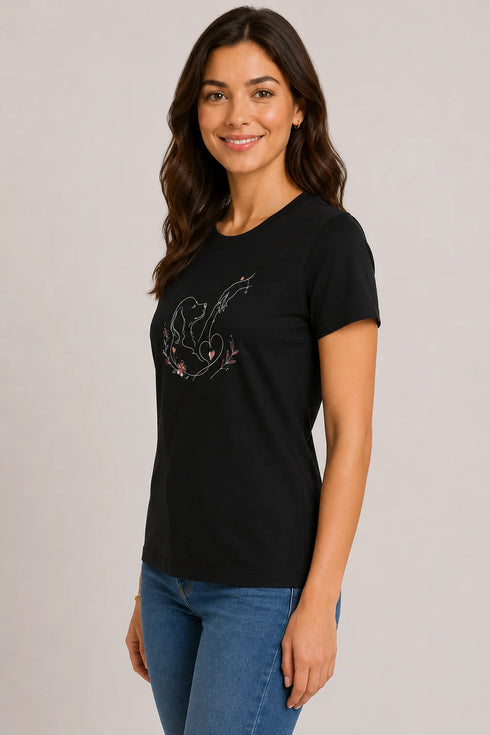 Women's Gentle Touch Dog Love Premium Cotton Oversized T-Shirt - Black - Side View
