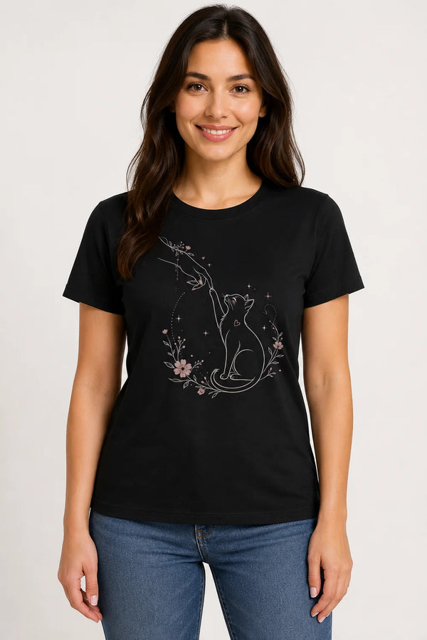 Women's Gentle Touch Cat Love Premium Cotton Regular Fit T-Shirt - Black - Front View