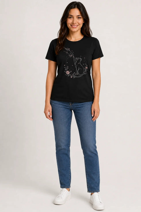 Women's Gentle Touch Cat Love Premium Cotton Regular Fit T-Shirt - Black - Full View