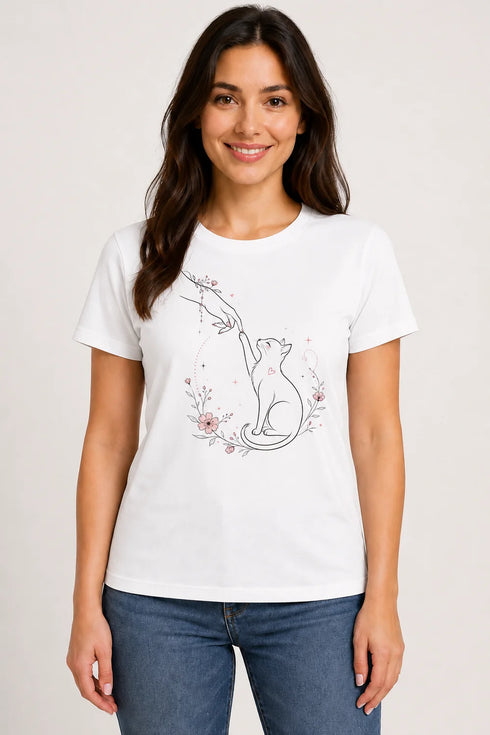 Women's Gentle Touch Cat Love Premium Cotton Regular Fit T-Shirt - White - Front View