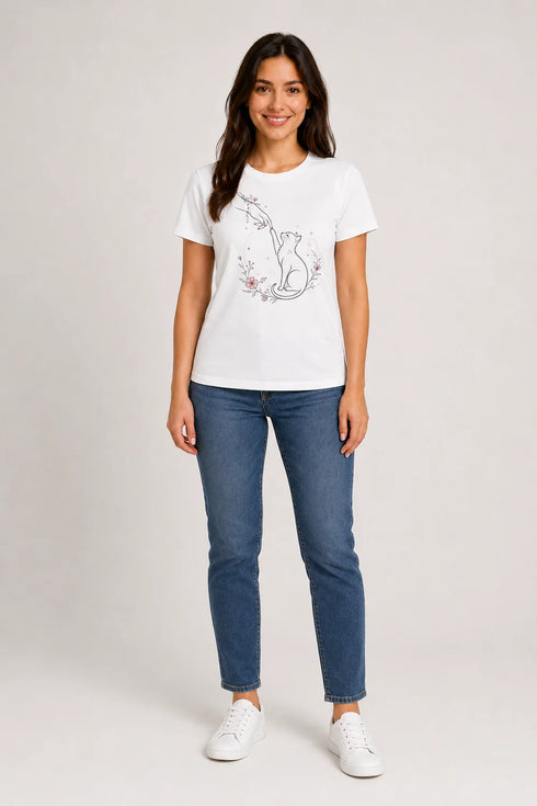 Women's Gentle Touch Cat Love Premium Cotton Regular Fit T-Shirt - White - Full View