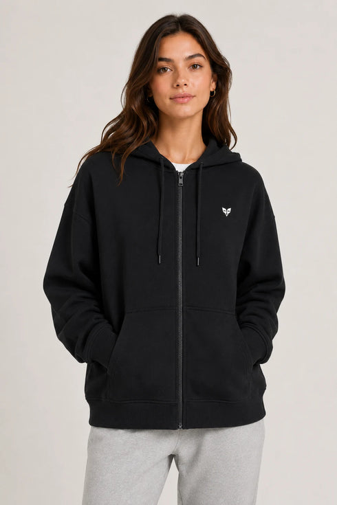 Women Premium Cotton Zip Hoodie - Black front view