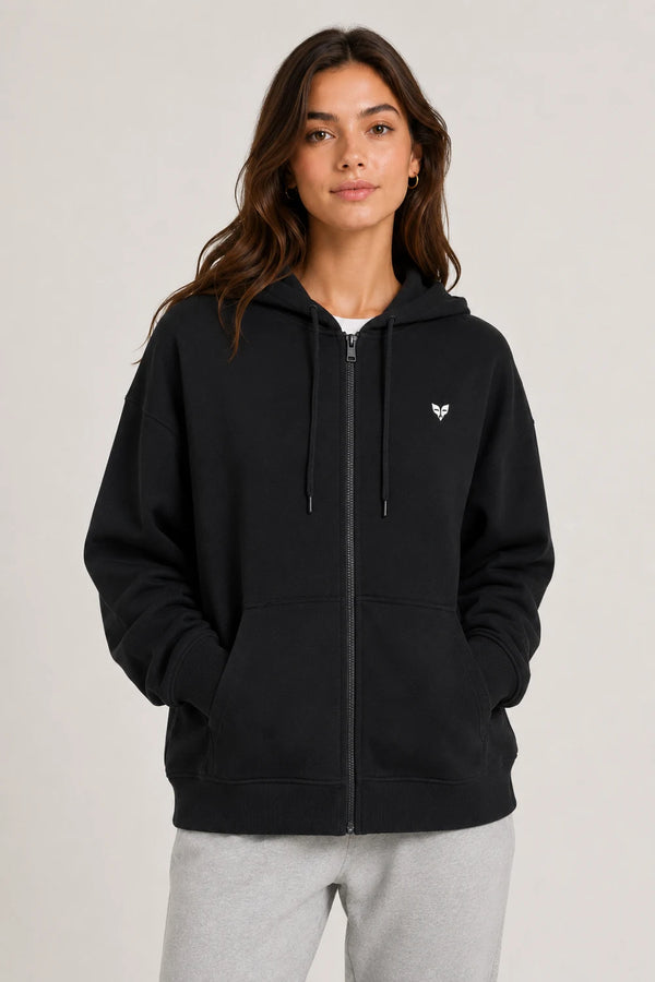 Women Premium Cotton Zip Hoodie - Black front view