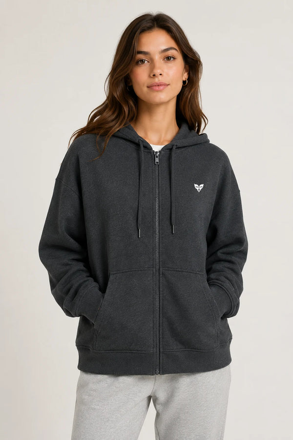 Women Premium Cotton Zip Hoodie - Charcoal Grey front view