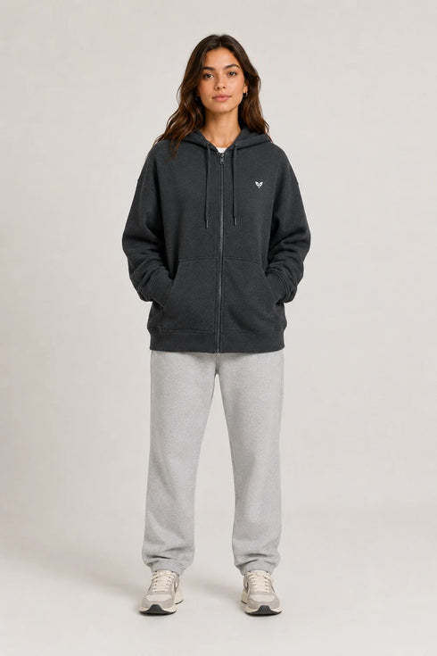 Women Premium Cotton Zip Hoodie - Charcoal Grey full view