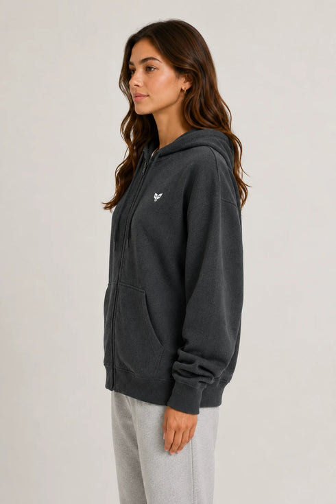 Women Premium Cotton Zip Hoodie - Charcoal Grey side view