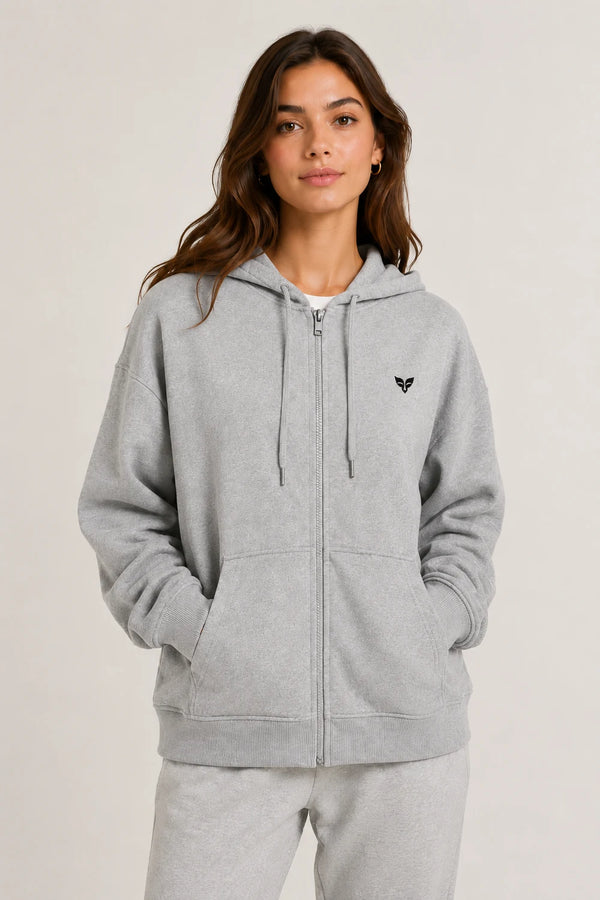 Women Premium Cotton Zip Hoodie - Light Grey front view