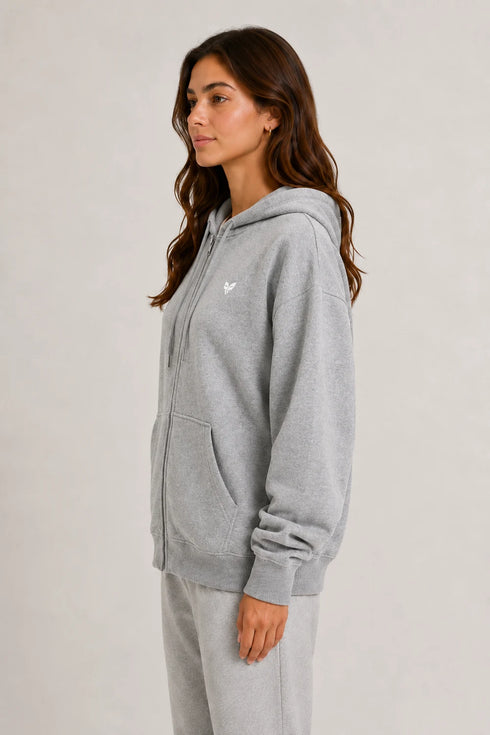 Women Premium Cotton Zip Hoodie - Navy Blue side view