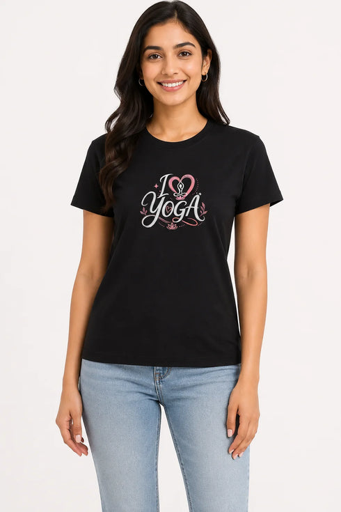 Women's I Love Yoga Premium Cotton Regular Fit T-Shirt - Black - Front View