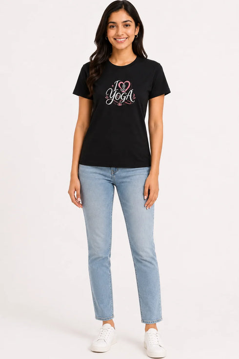Women's I Love Yoga Premium Cotton Regular Fit T-Shirt - Black - Full View