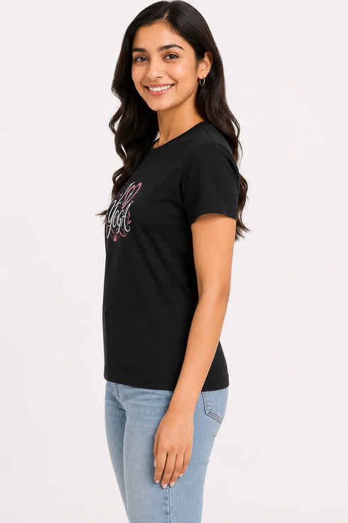 Women's I Love Yoga Premium Cotton Regular Fit T-Shirt - Black - Side View