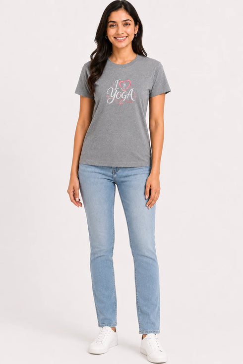 Women's I Love Yoga Premium Cotton Regular Fit T-Shirt - Grey Melange - Full View