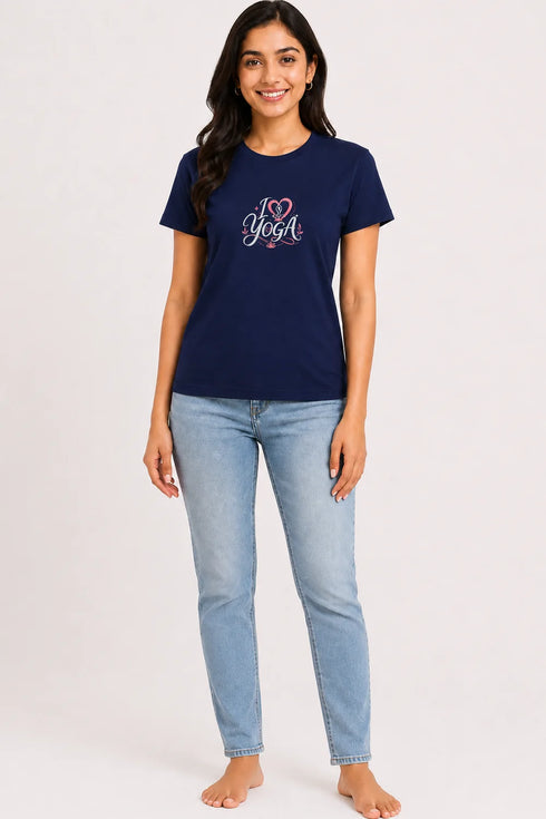 Women's I Love Yoga Premium Cotton Regular Fit T-Shirt - Navy Blue - Full View