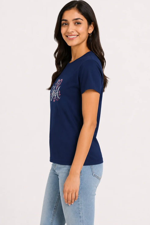 Women's I Love Yoga Premium Cotton Regular Fit T-Shirt - Navy Blue - Side View