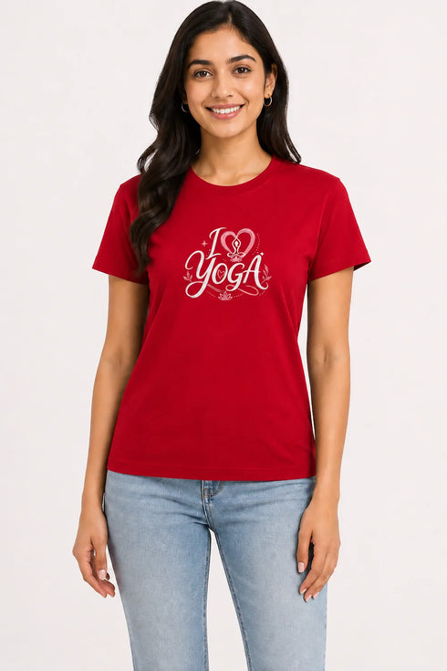 Women's I Love Yoga Premium Cotton Regular Fit T-Shirt - Red - Front View