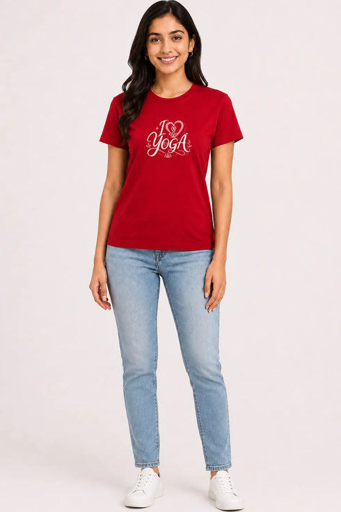 Women's I Love Yoga Premium Cotton Regular Fit T-Shirt - Red - Full View
