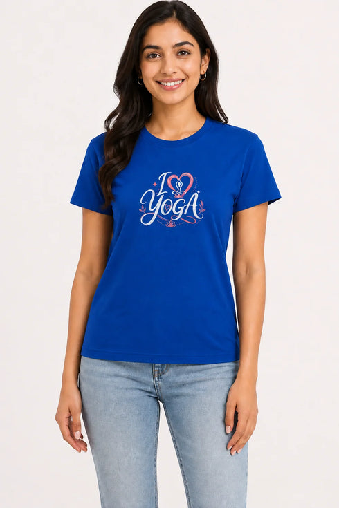 Women's I Love Yoga Premium Cotton Regular Fit T-Shirt - Royal Blue - Front View