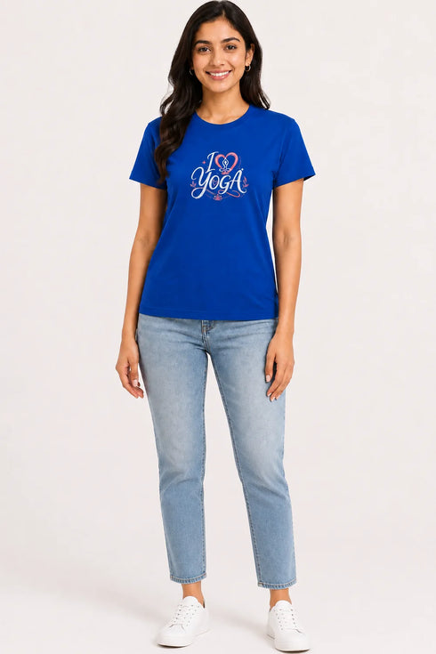 Women's I Love Yoga Premium Cotton Regular Fit T-Shirt - Royal Blue - Full View