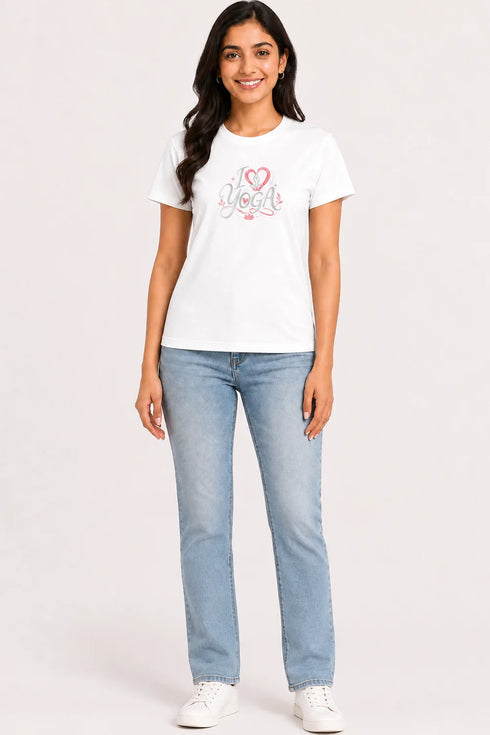Women's I Love Yoga Premium Cotton Regular Fit T-Shirt - White - Full View