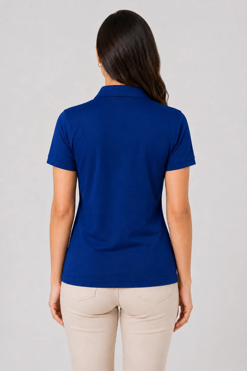 Deep Blue women microfibre Dri Fit premium cotton polo T-shirt back view