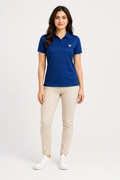 Deep Blue women microfibre Dri Fit premium cotton polo T-shirt full view
