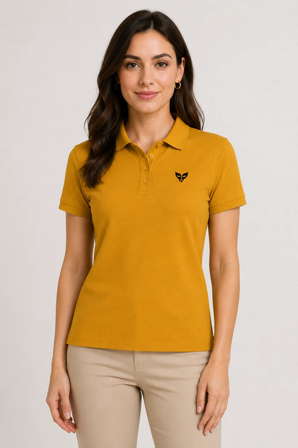 Mustard Yellow women microfibre Dri Fit premium cotton polo T-shirt front view