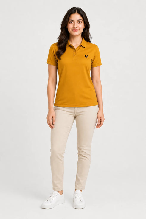 Mustard Yellow women microfibre Dri Fit premium cotton polo T-shirt full view