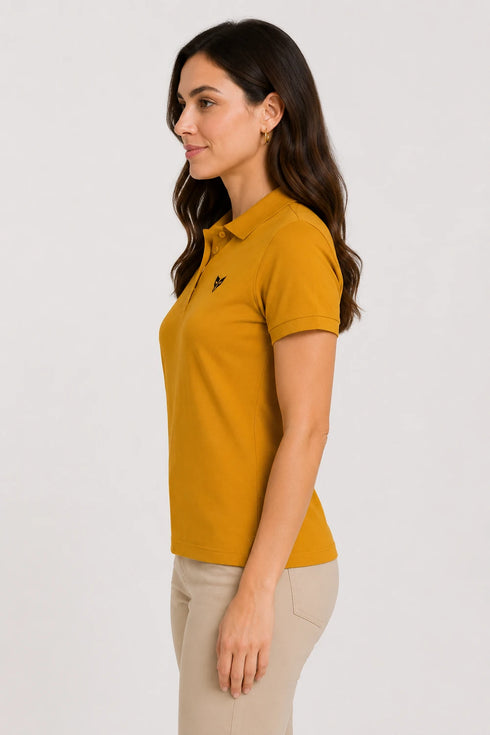 Mustard Yellow women microfibre Dri Fit premium cotton polo T-shirt side view