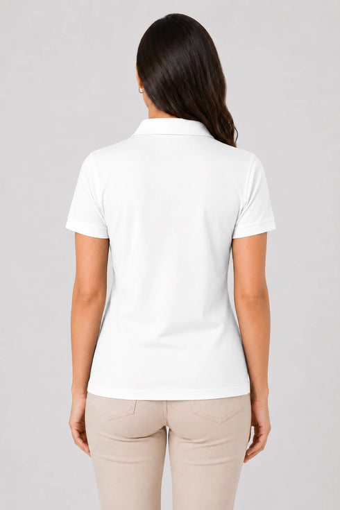 White women microfibre Dri Fit premium cotton polo T-shirt back view