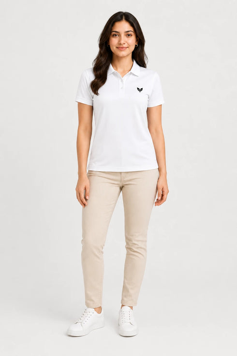 White women microfibre Dri Fit premium cotton polo T-shirt full view