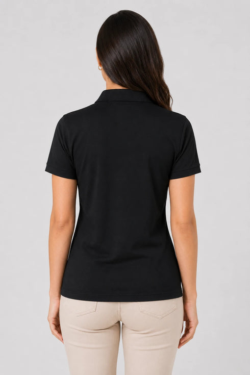 Black women microfibre Dri Fit premium cotton polo T-shirt back view