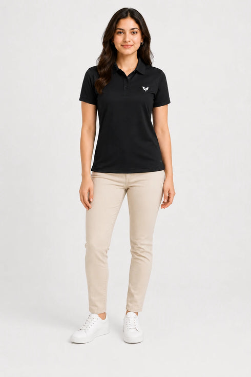Black women microfibre Dri Fit premium cotton polo T-shirt full view