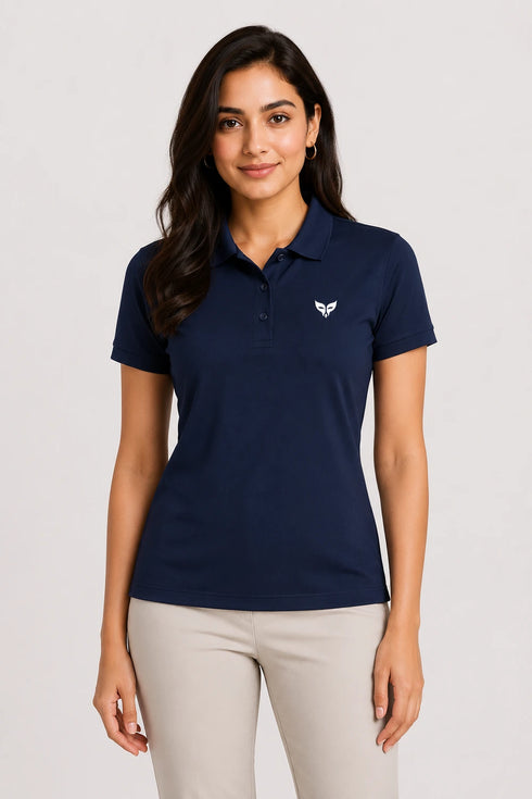 Navy Blue women microfibre Dri Fit premium cotton polo T-shirt front view