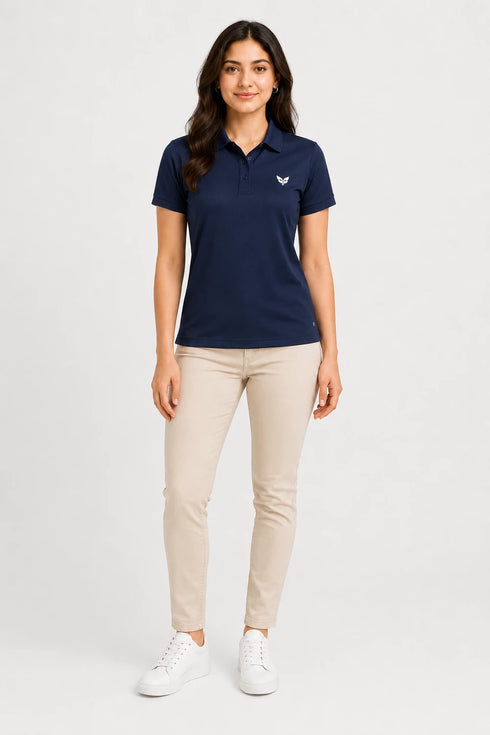 Navy Blue women microfibre Dri Fit premium cotton polo T-shirt full view