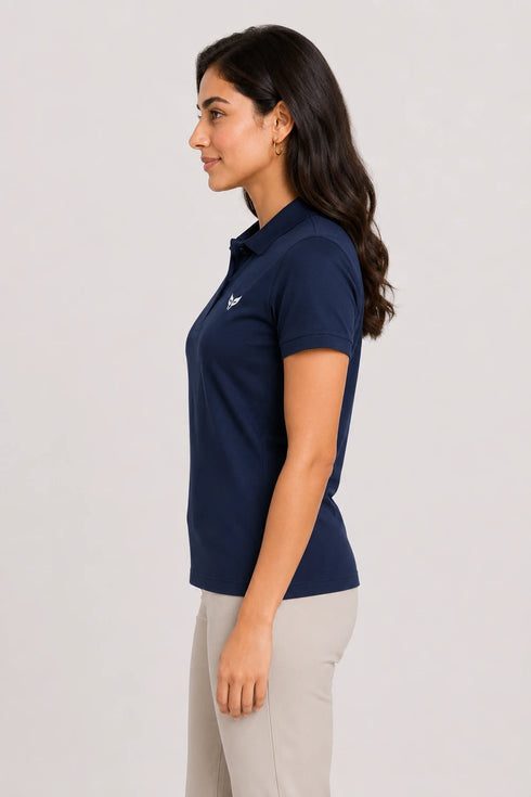 Navy Blue women microfibre Dri Fit premium cotton polo T-shirt side view