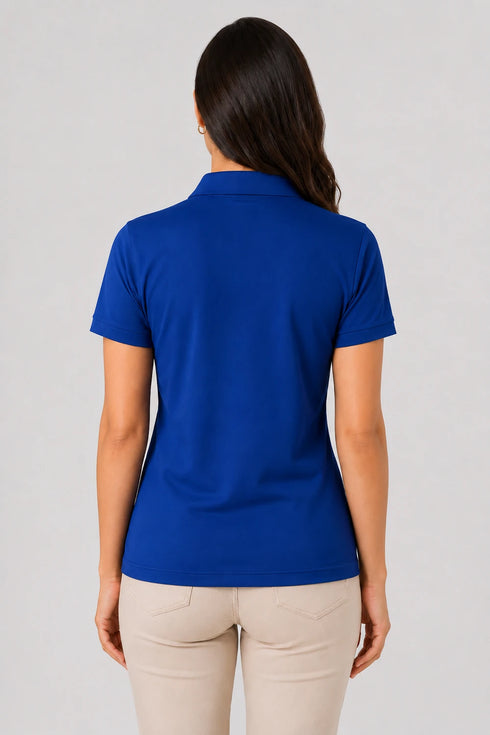 Royal Blue women microfibre Dri Fit premium cotton polo T-shirt back view