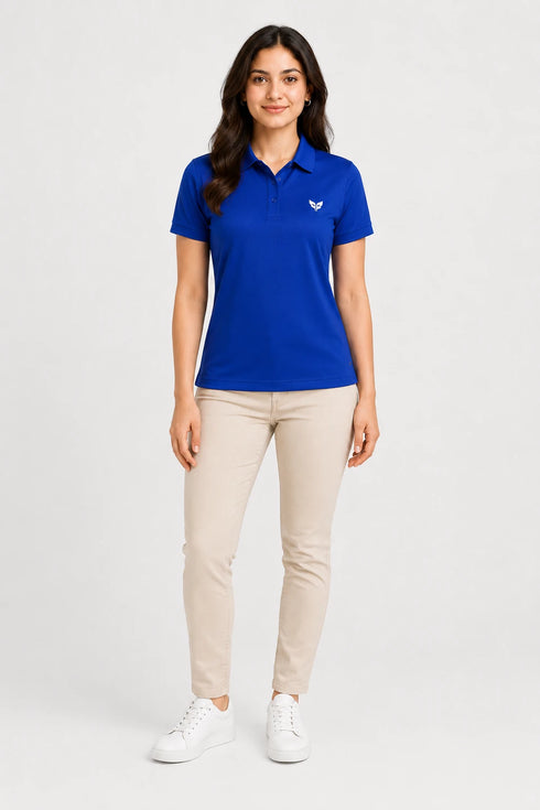 Royal Blue women microfibre Dri Fit premium cotton polo T-shirt full view
