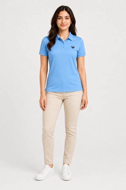 Sky Blue women microfibre Dri Fit premium cotton polo T-shirt full view
