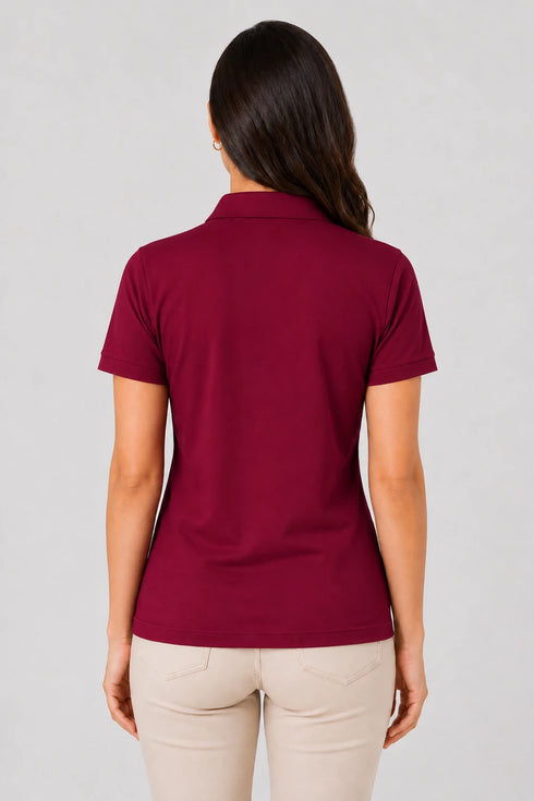 Maroon women microfibre Dri Fit premium cotton polo T-shirt back view