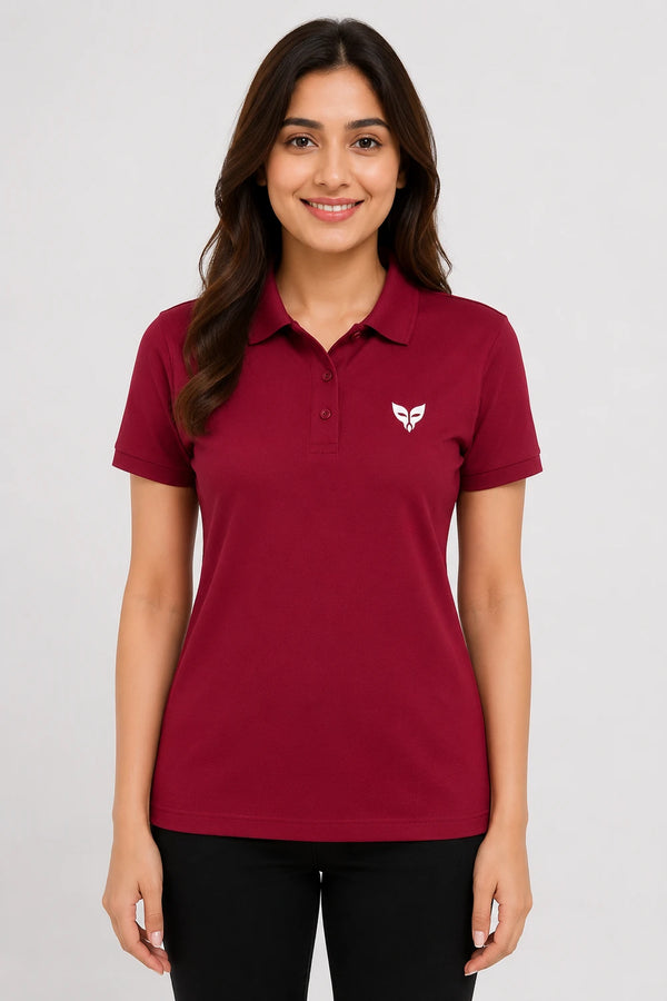 Maroon women microfibre Dri Fit premium cotton polo T-shirt front view