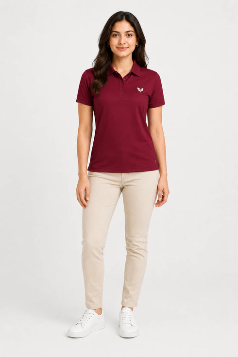 Maroon women microfibre Dri Fit premium cotton polo T-shirt full view