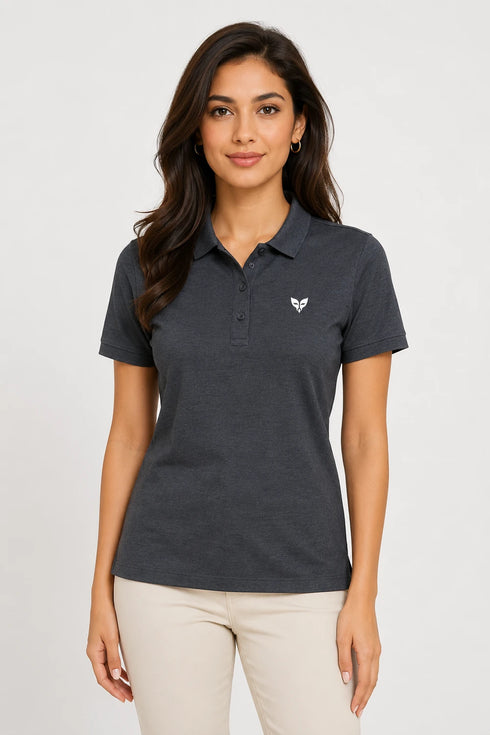 Charcoal Grey women microfibre Dri Fit premium cotton polo T-shirt front view