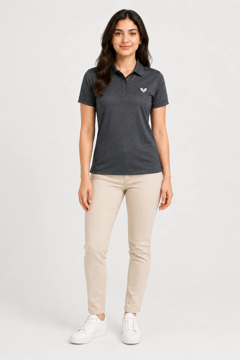 Charcoal Grey women microfibre Dri Fit premium cotton polo T-shirt full view