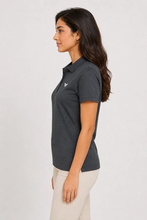 Charcoal Grey women microfibre Dri Fit premium cotton polo T-shirt side view