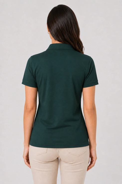 Dark Teal Green women microfibre Dri Fit premium cotton polo T-shirt back view
