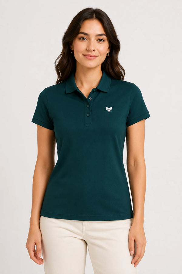 Dark Teal Green women microfibre Dri Fit premium cotton polo T-shirt front view