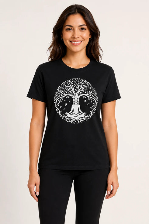 Women Yoga Tree Regular Round Neck T-Shirt - Black - Front View