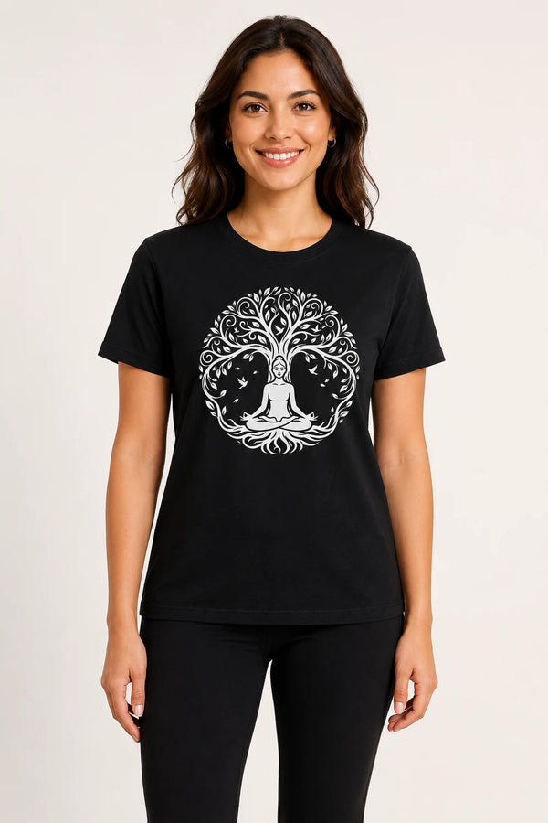 Women Yoga Tree Regular Round Neck T-Shirt - Black - Front View